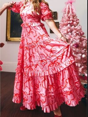Ivy City Co Pink and Red Ruffled Maxi Dress